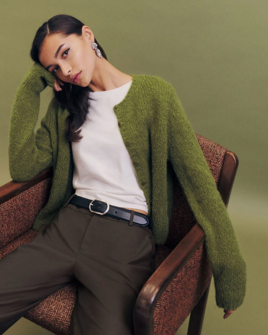 Sparkpick features Reformation crew cardigan olive sweater in sustainable fashion