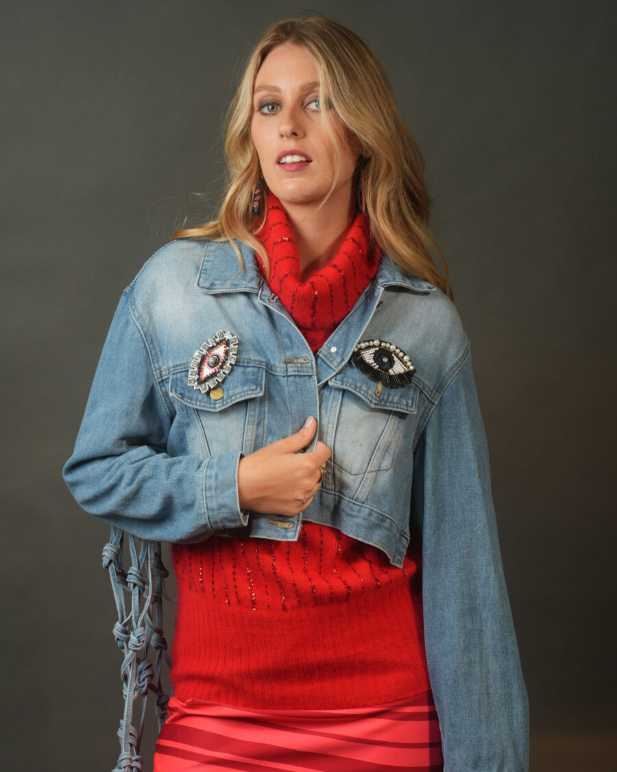 spark and rebel features upcycled denim jacket in eco fashion