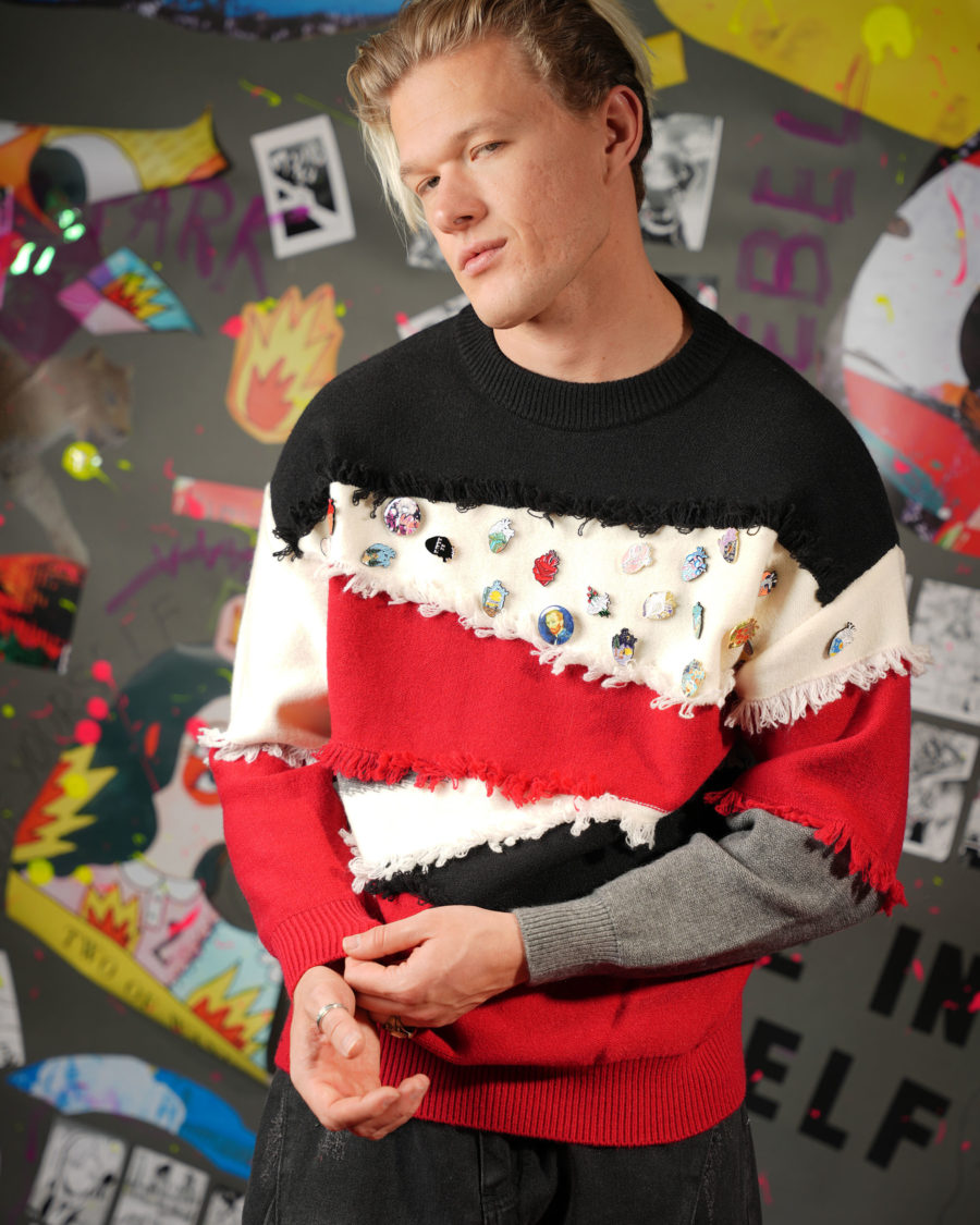 spark and rebel modular eco fashion brand upcycled sweater with pins casual street style in sustainable fashion on etsy