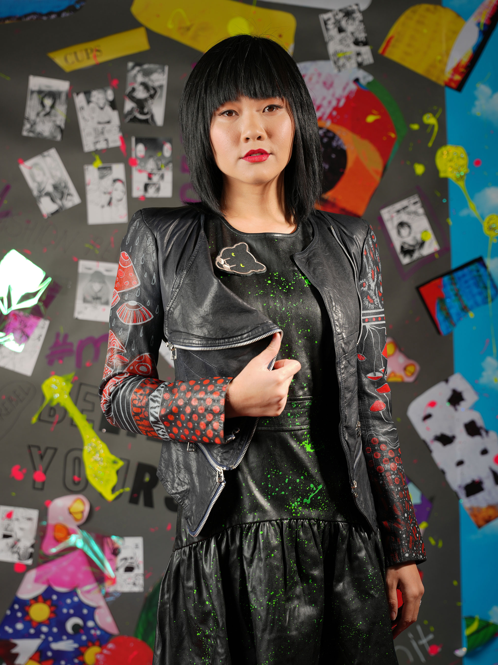 spark and rebel features upcycled leather hand painted jacket in eco fashion mushroom art