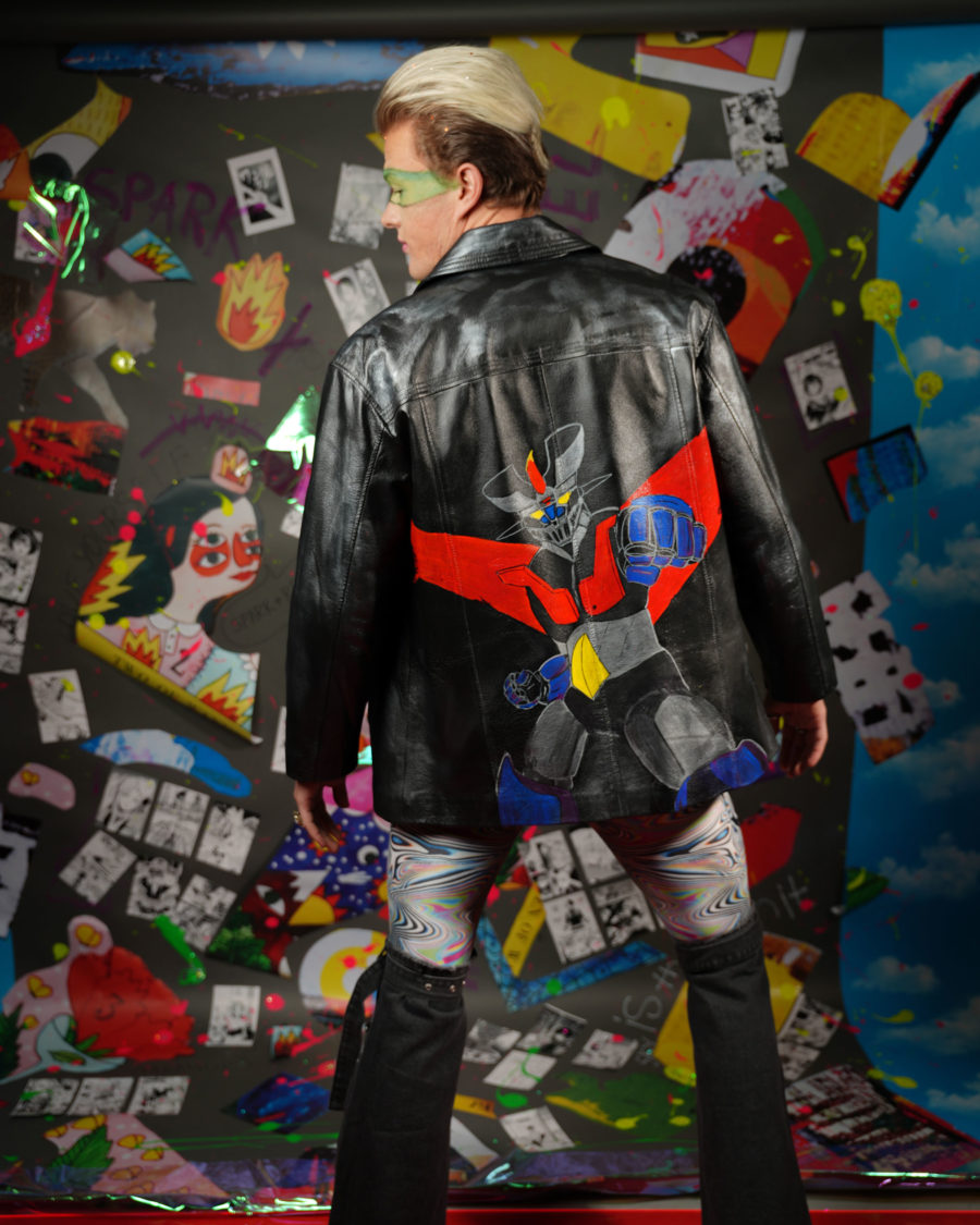 spark and rebel features upcycled leather man jacket japanese mazinger robot in eco fashion