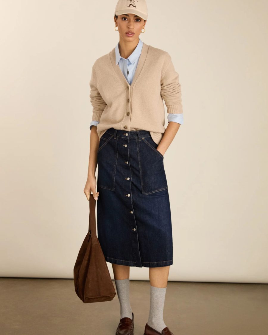 sparkpick features baukjen denim midi skirt in sustainable fashion