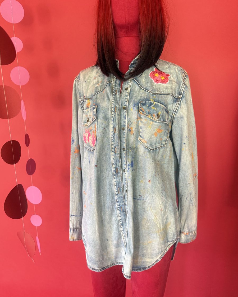 spark and rebel features upcycled painted denim shirt jacket in eco fashion