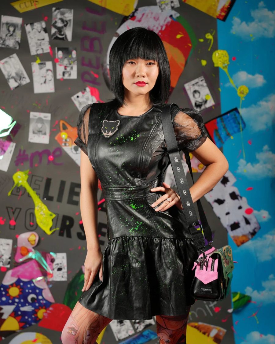 spark and rebel features upcycled faux leather dress in eco fashion