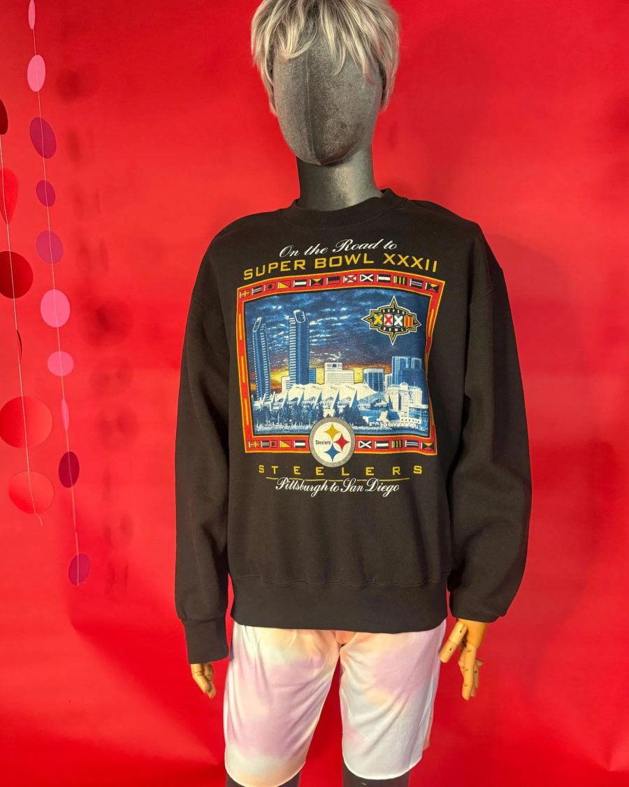 spark and rebel features vintage steelers super bowl sweatshirt and 1988 olympic pin set in eco fashion