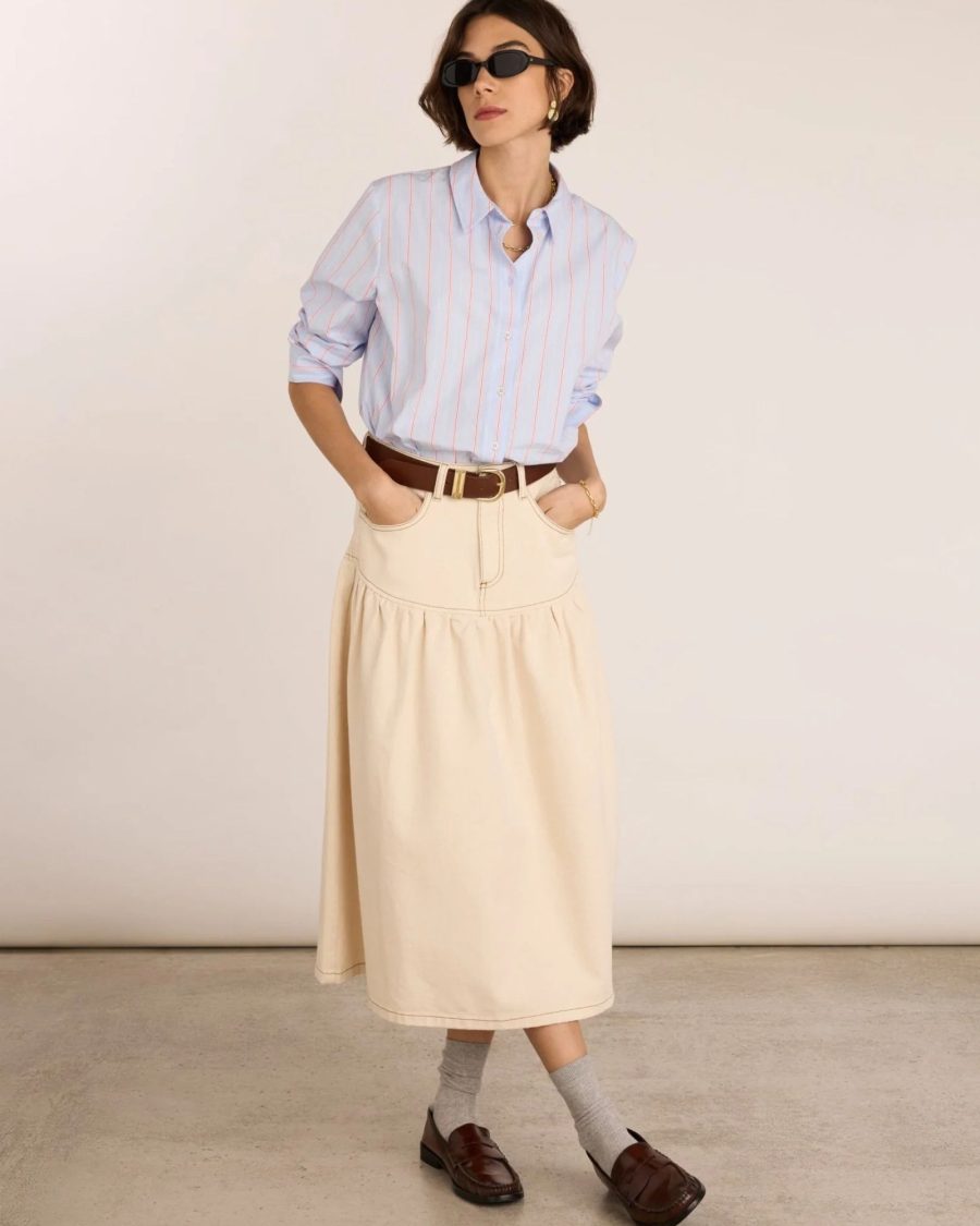 sparkpick features baukjen denim midi skirt in sustainable fashion