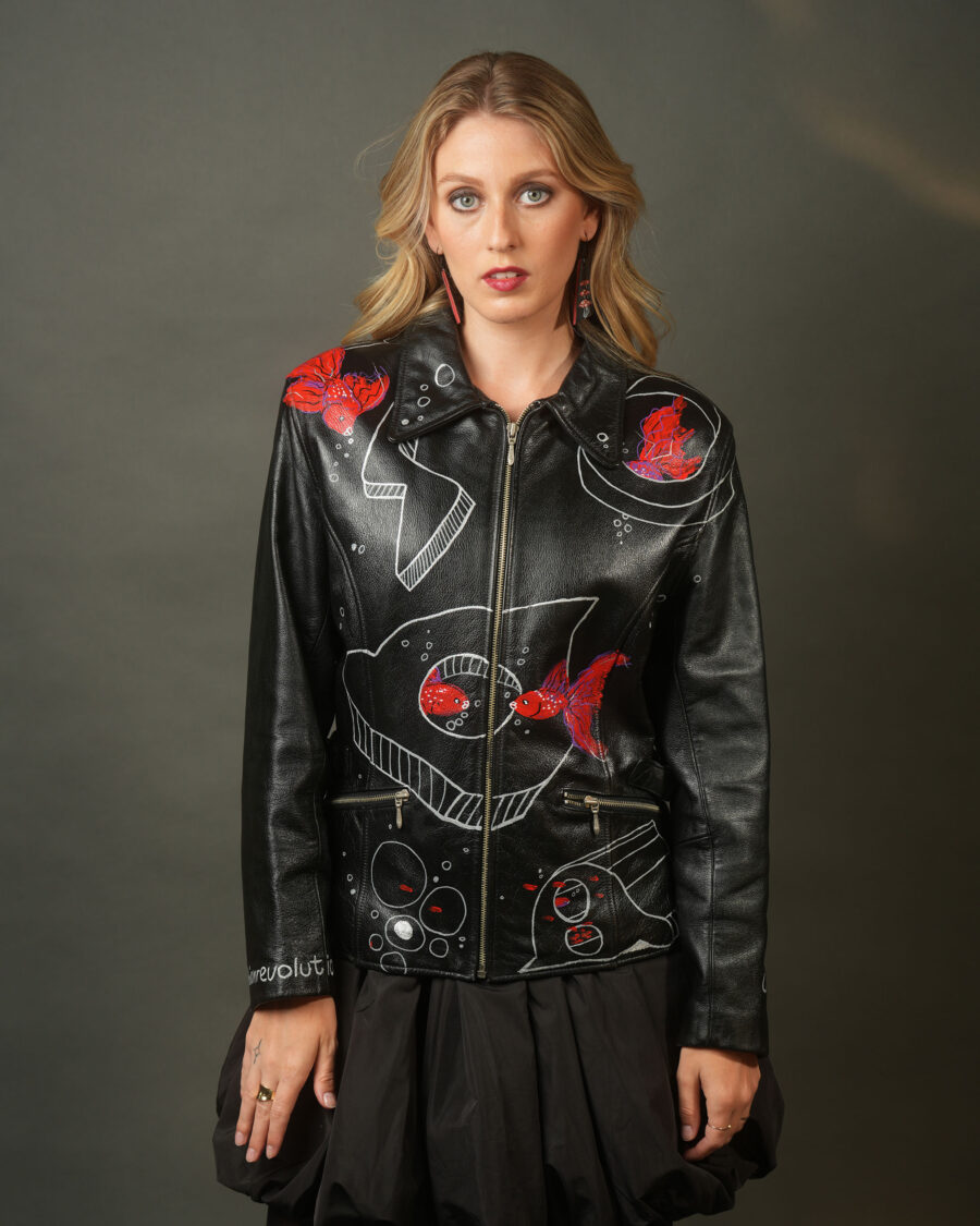 spark and rebel features aquatica upcycled leather hand painted artsy jacket in eco fashion