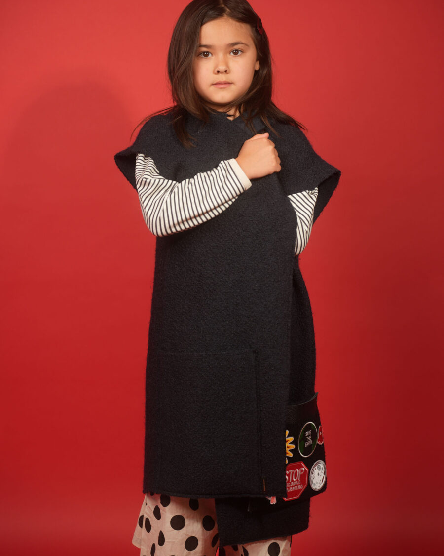 spark and rebel features childrens vest in sustainable fashion upcycled wool