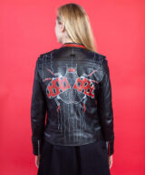 spark and rebel upcycled unique hand painted black leather jacket by vince camuto