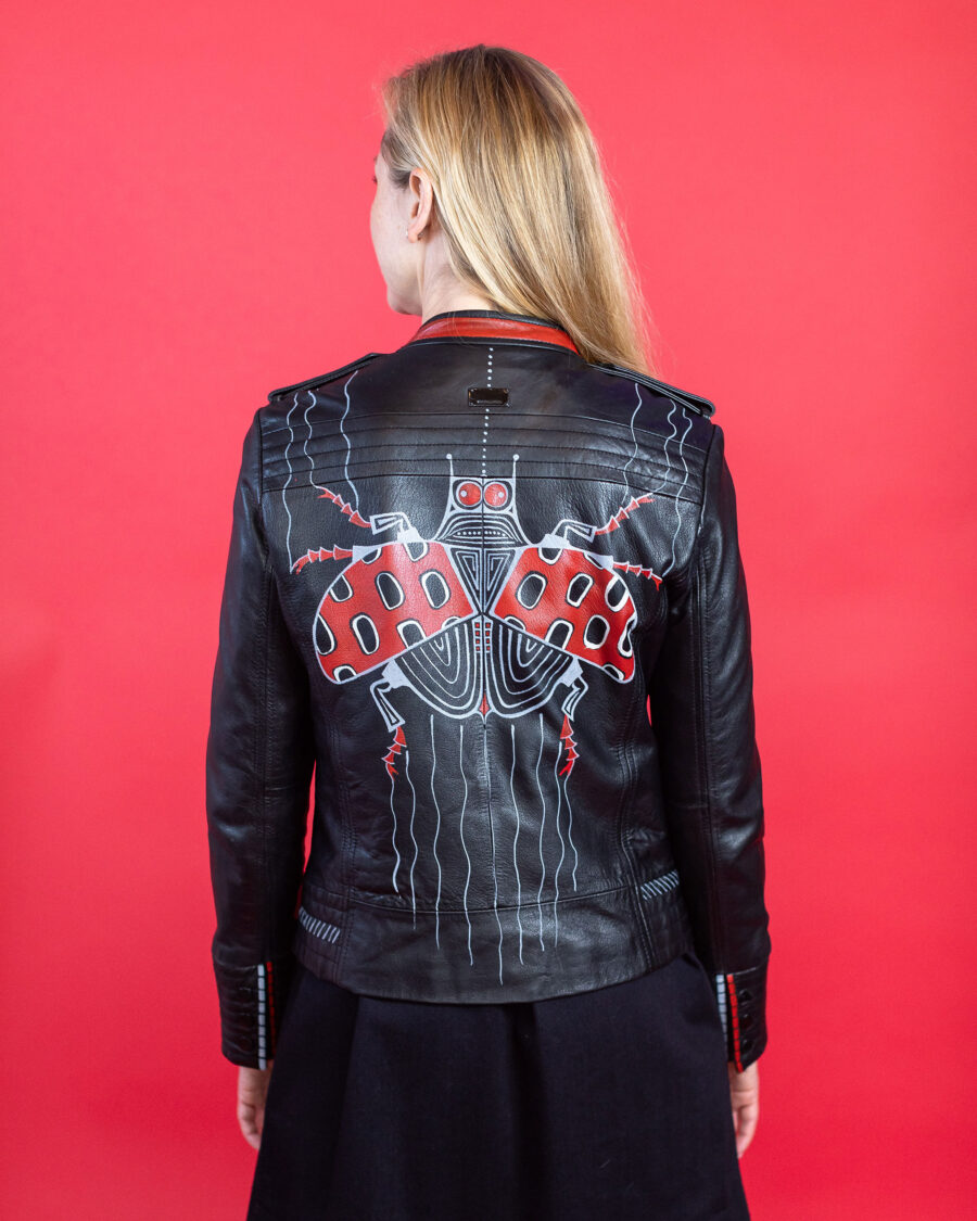 spark and rebel upcycled unique hand painted black leather jacket by vince camuto